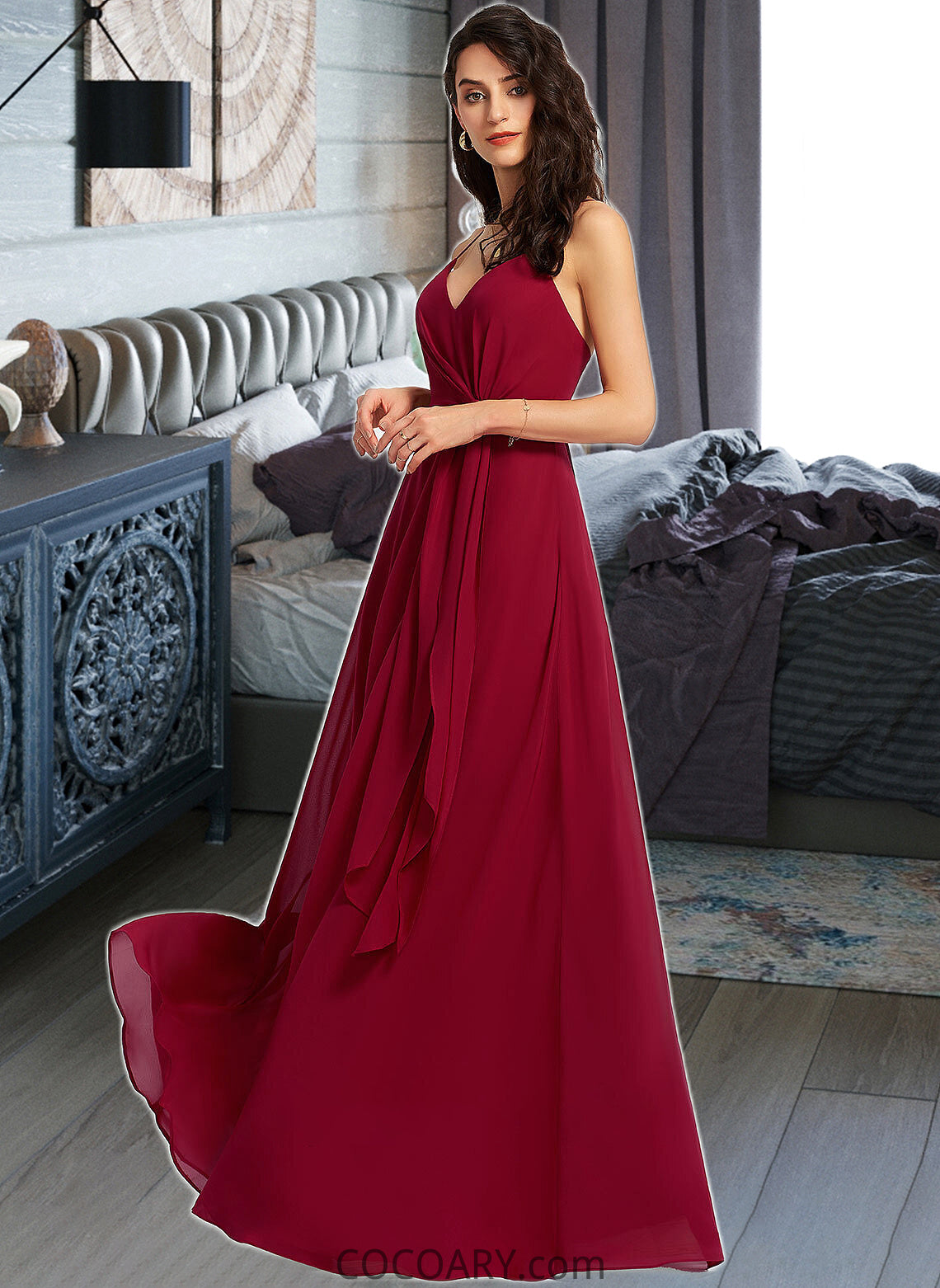 Natalya A-Line V-neck Floor-Length Bridesmaid Dress With Ruffle DA8P0013206