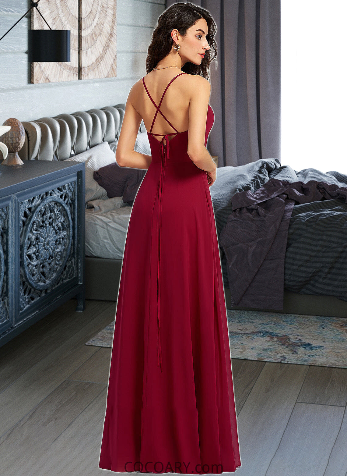 Natalya A-Line V-neck Floor-Length Bridesmaid Dress With Ruffle DA8P0013206