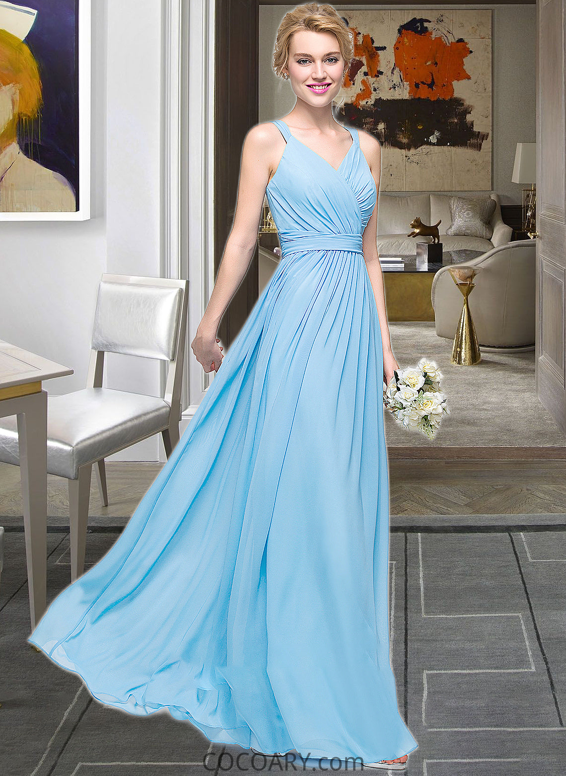 Shirley A-Line V-neck Floor-Length Chiffon Bridesmaid Dress With Ruffle Bow(s) DA8P0013211