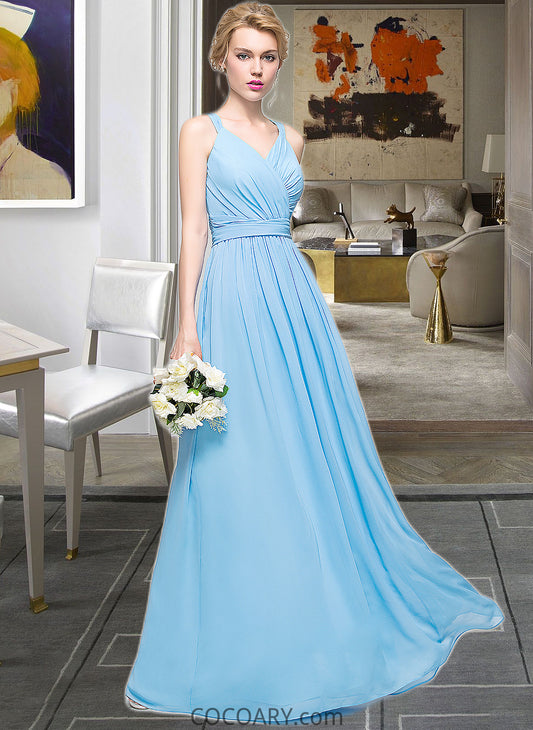 Shirley A-Line V-neck Floor-Length Chiffon Bridesmaid Dress With Ruffle Bow(s) DA8P0013211