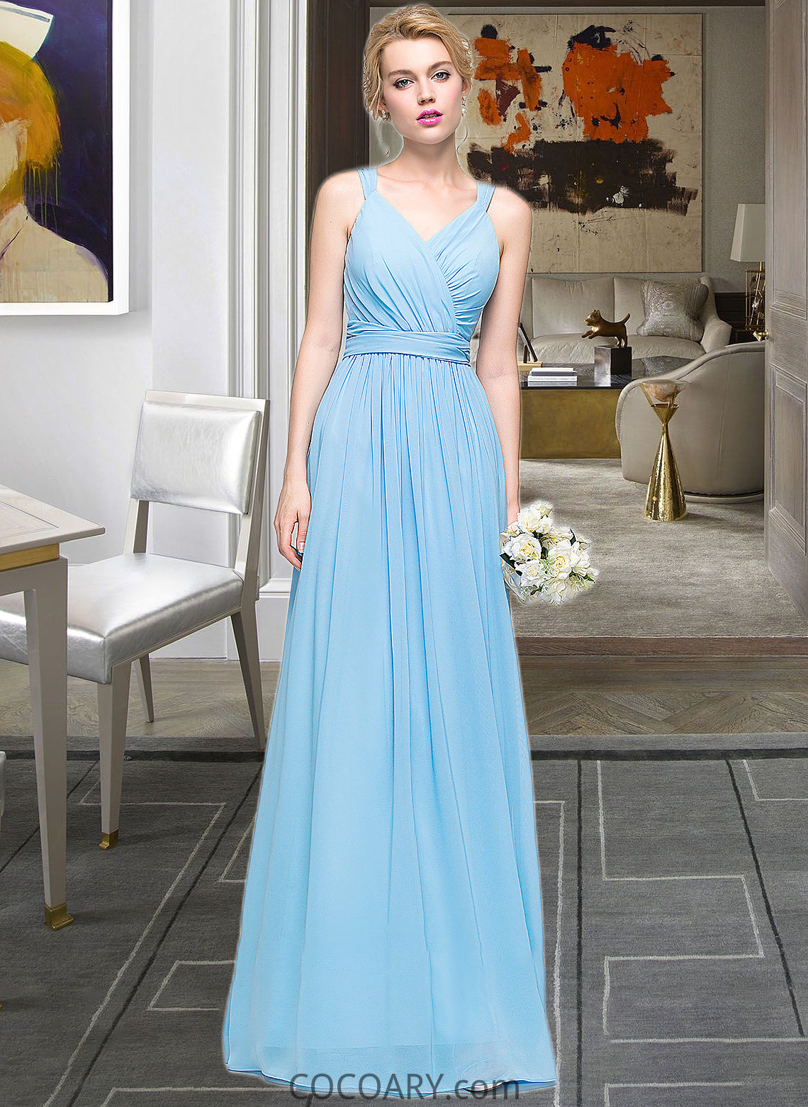 Shirley A-Line V-neck Floor-Length Chiffon Bridesmaid Dress With Ruffle Bow(s) DA8P0013211