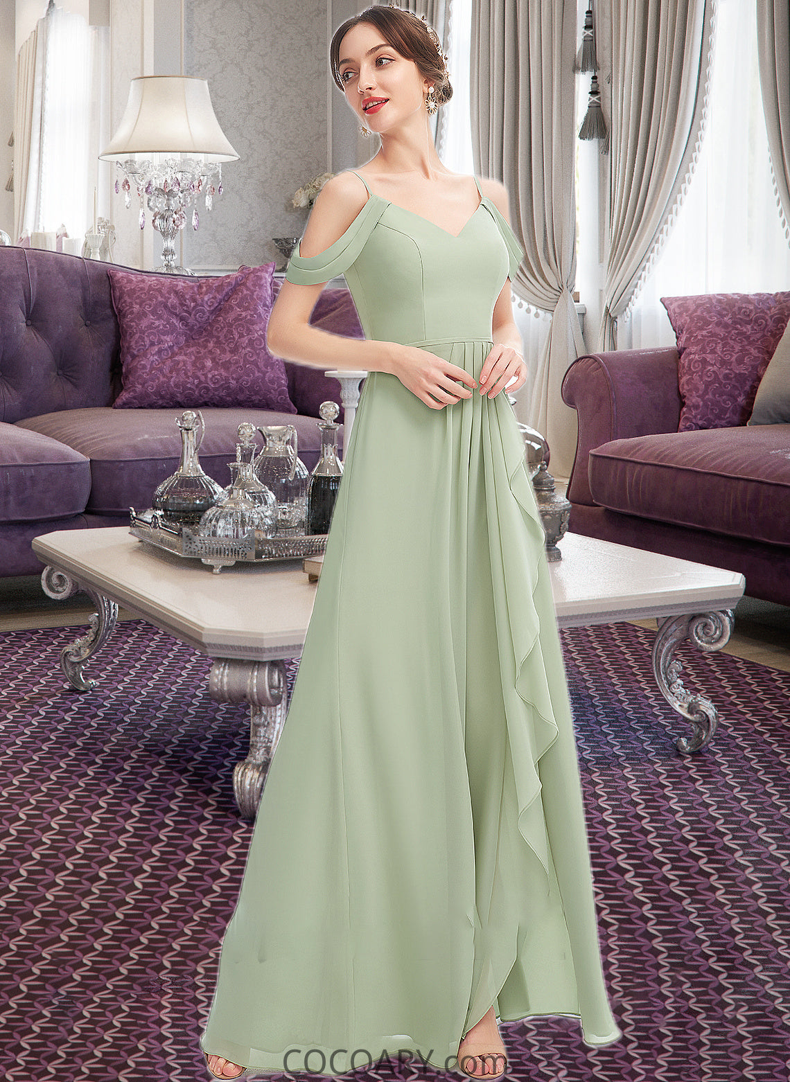 Tiffany A-Line V-neck Floor-Length Bridesmaid Dress With Ruffle Split Front DA8P0013213