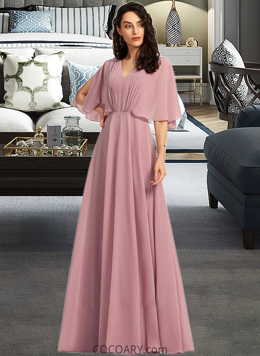 Dahlia A-Line V-neck Floor-Length Bridesmaid Dress With Ruffle DA8P0013214