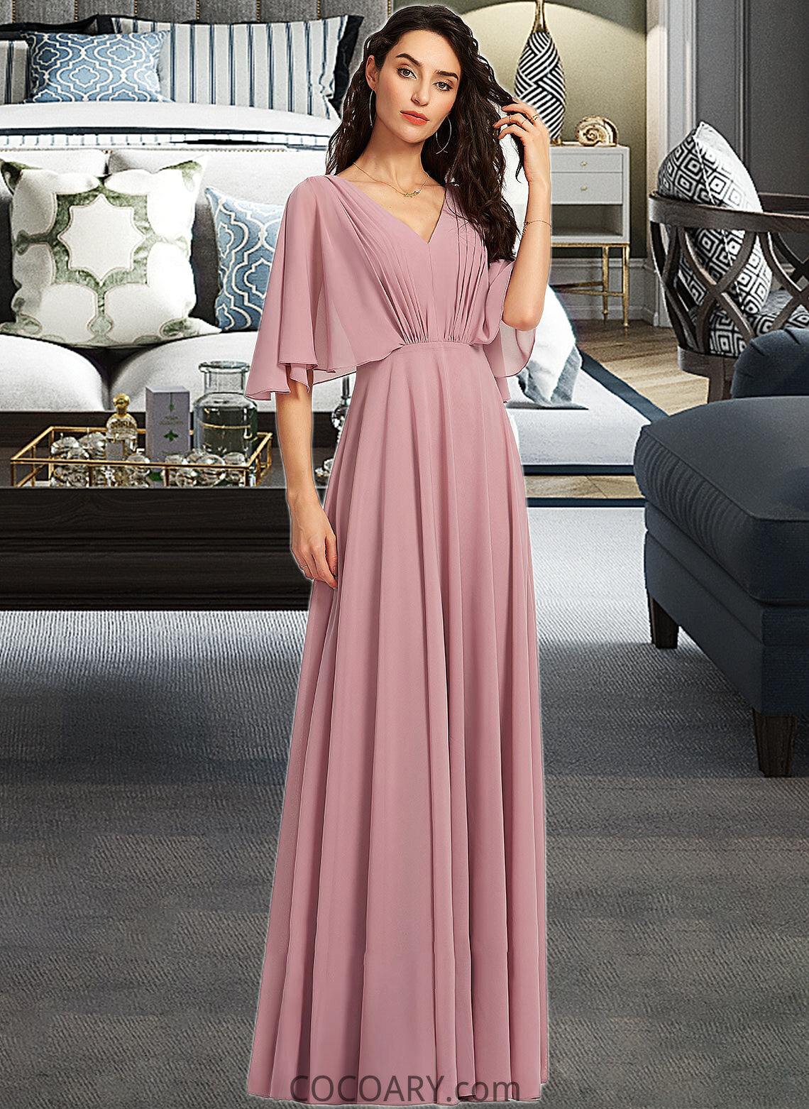 Dahlia A-Line V-neck Floor-Length Bridesmaid Dress With Ruffle DA8P0013214