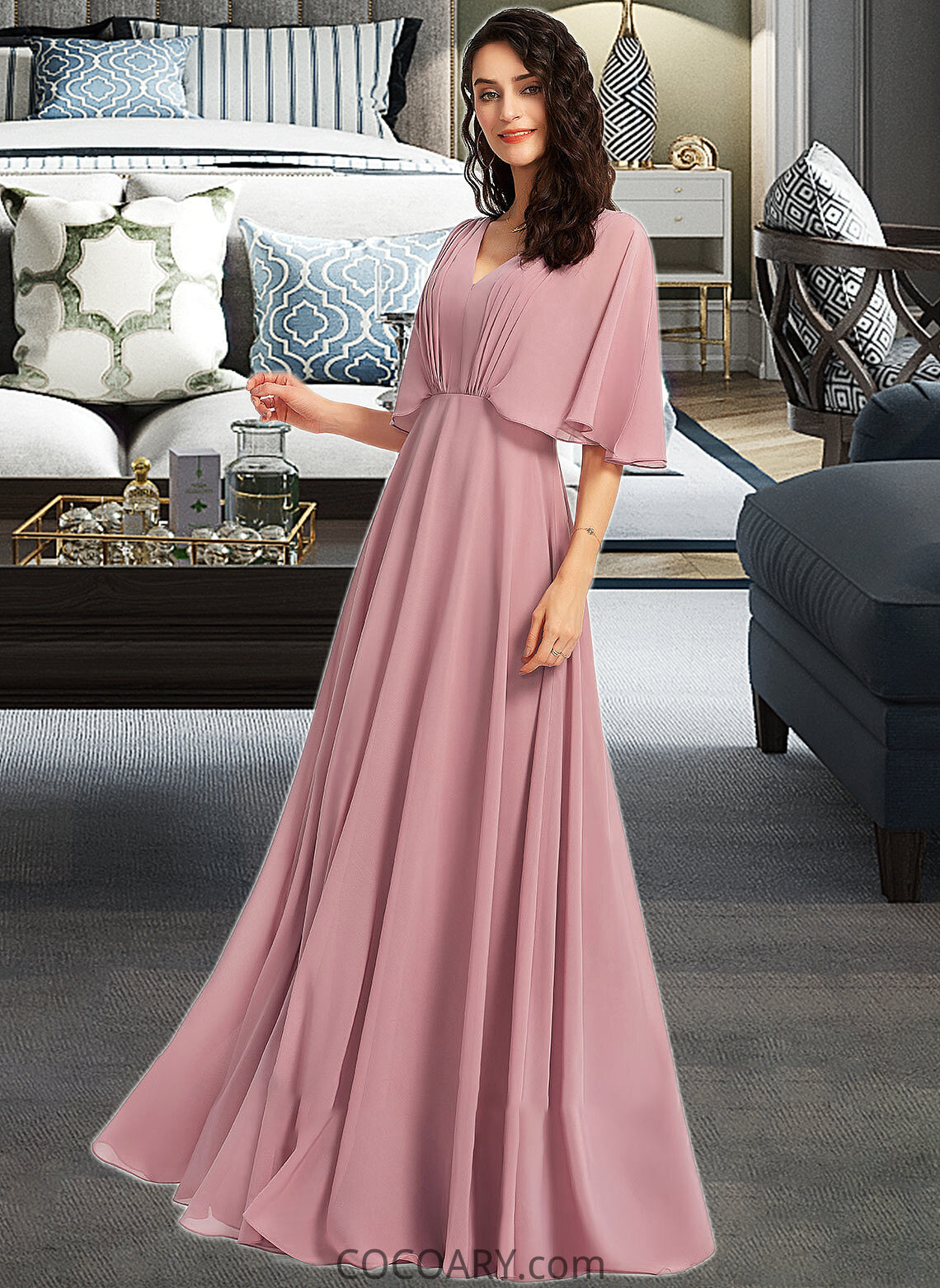 Dahlia A-Line V-neck Floor-Length Bridesmaid Dress With Ruffle DA8P0013214