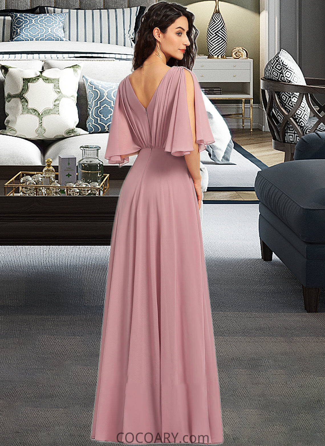 Dahlia A-Line V-neck Floor-Length Bridesmaid Dress With Ruffle DA8P0013214