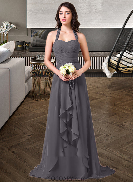 Susie A-Line Halter Sweep Train Chiffon Bridesmaid Dress With Bow(s) Cascading Ruffles DA8P0013217