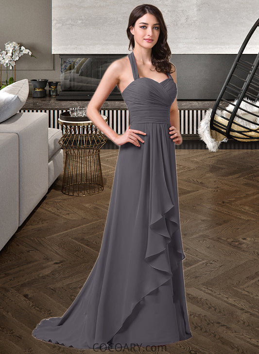 Susie A-Line Halter Sweep Train Chiffon Bridesmaid Dress With Bow(s) Cascading Ruffles DA8P0013217