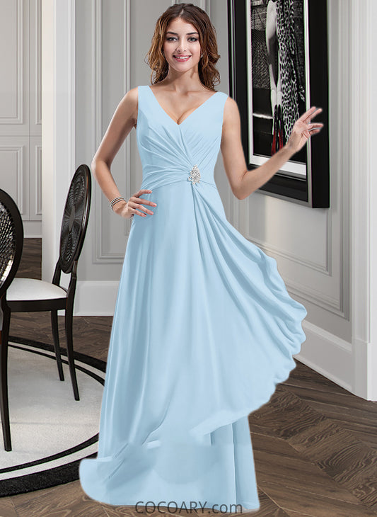 Frederica Chiffon V-neck Floor-length A-Line Bridesmaid Dress With Crystal Brooch And Cascading Ruffles DA8P0013219