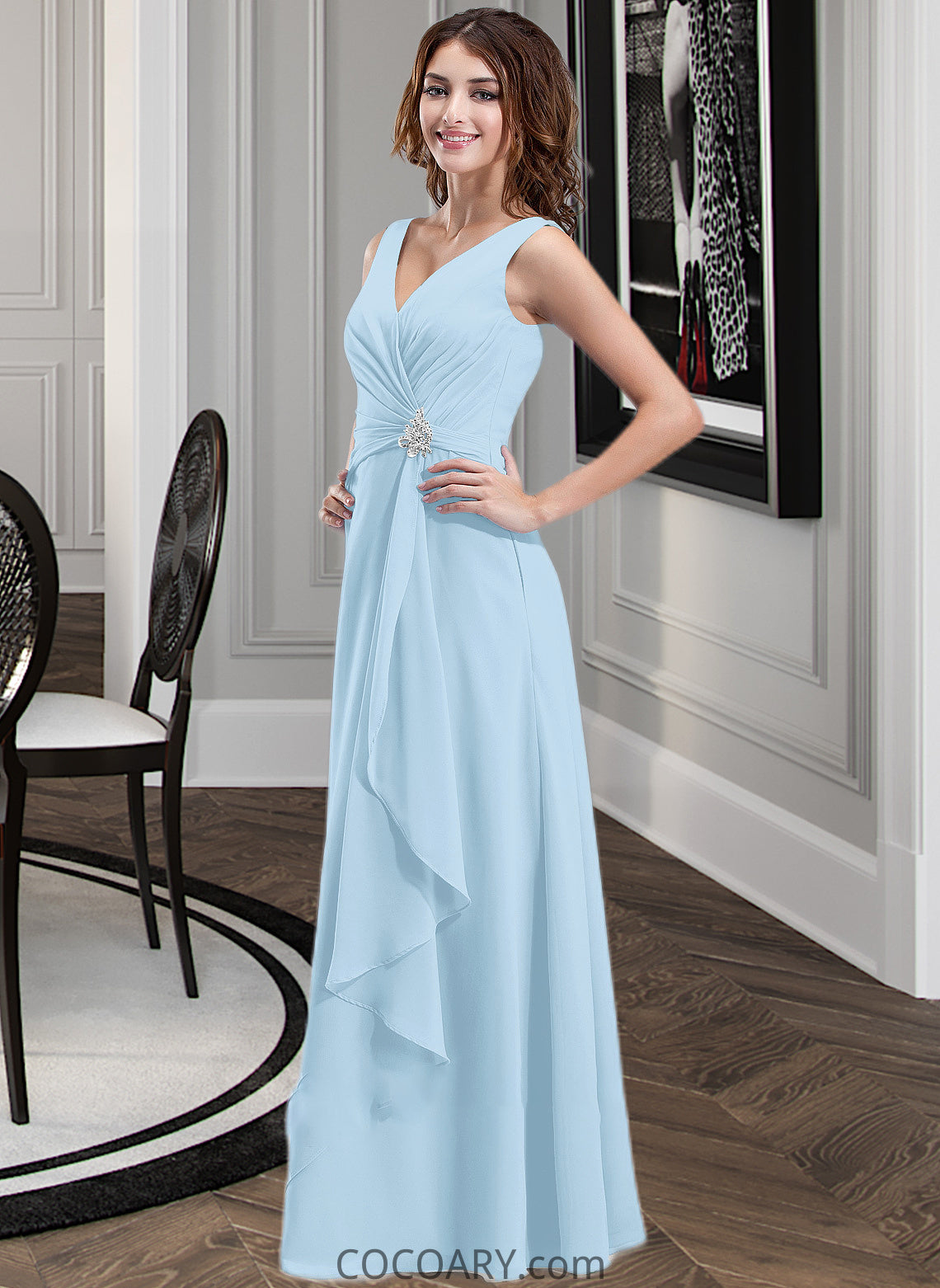 Frederica Chiffon V-neck Floor-length A-Line Bridesmaid Dress With Crystal Brooch And Cascading Ruffles DA8P0013219