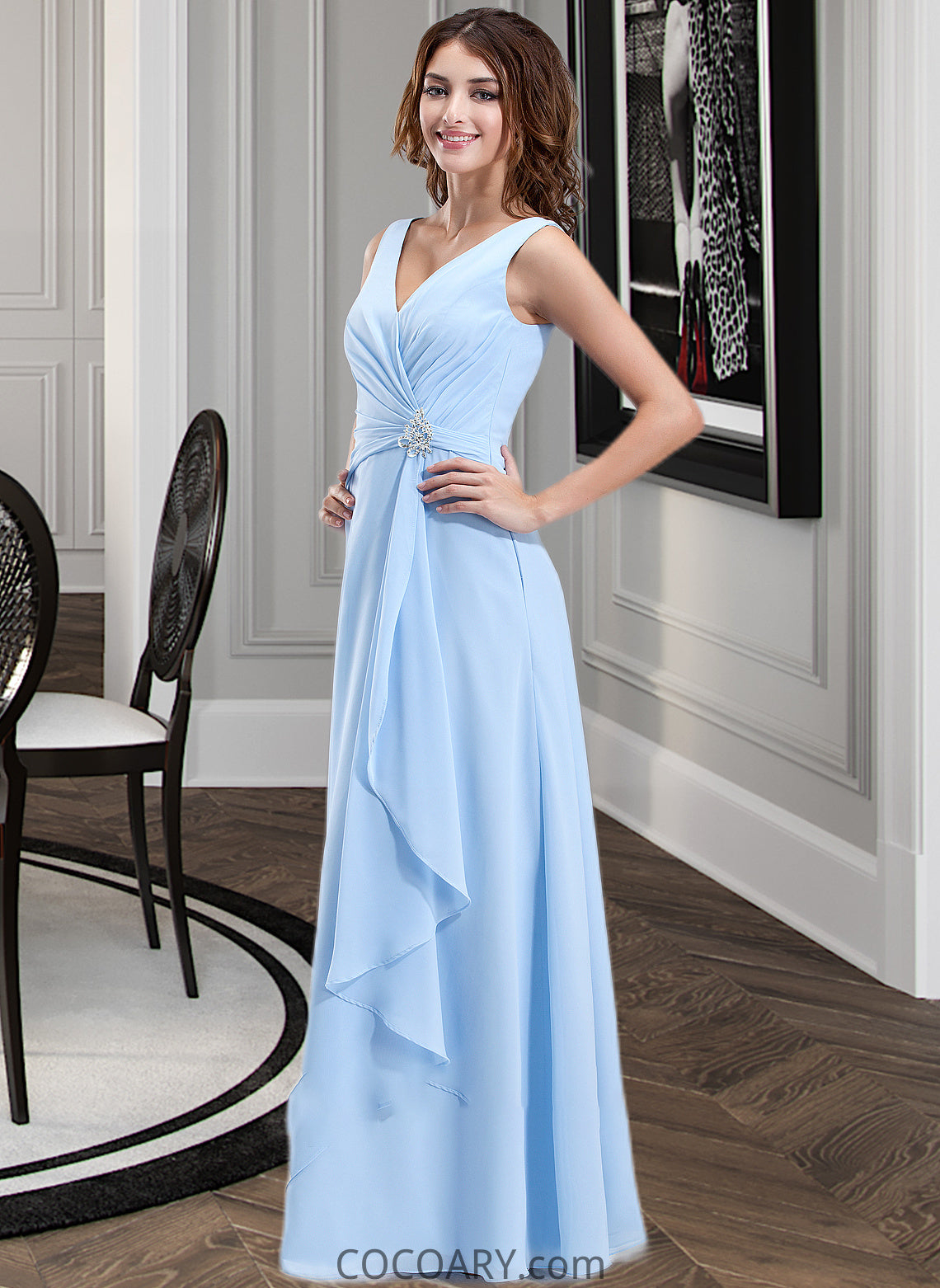 Frederica Chiffon V-neck Floor-length A-Line Bridesmaid Dress With Crystal Brooch And Cascading Ruffles DA8P0013219