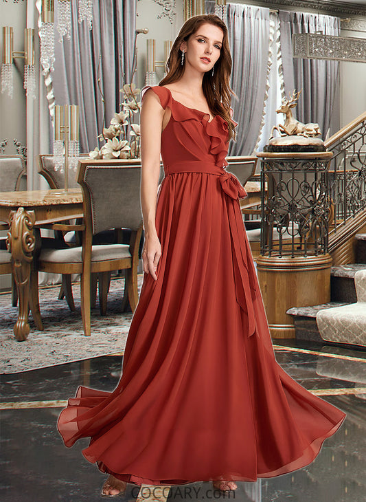 Lena A-Line V-neck Floor-Length Bridesmaid Dress With Ruffle DA8P0013221