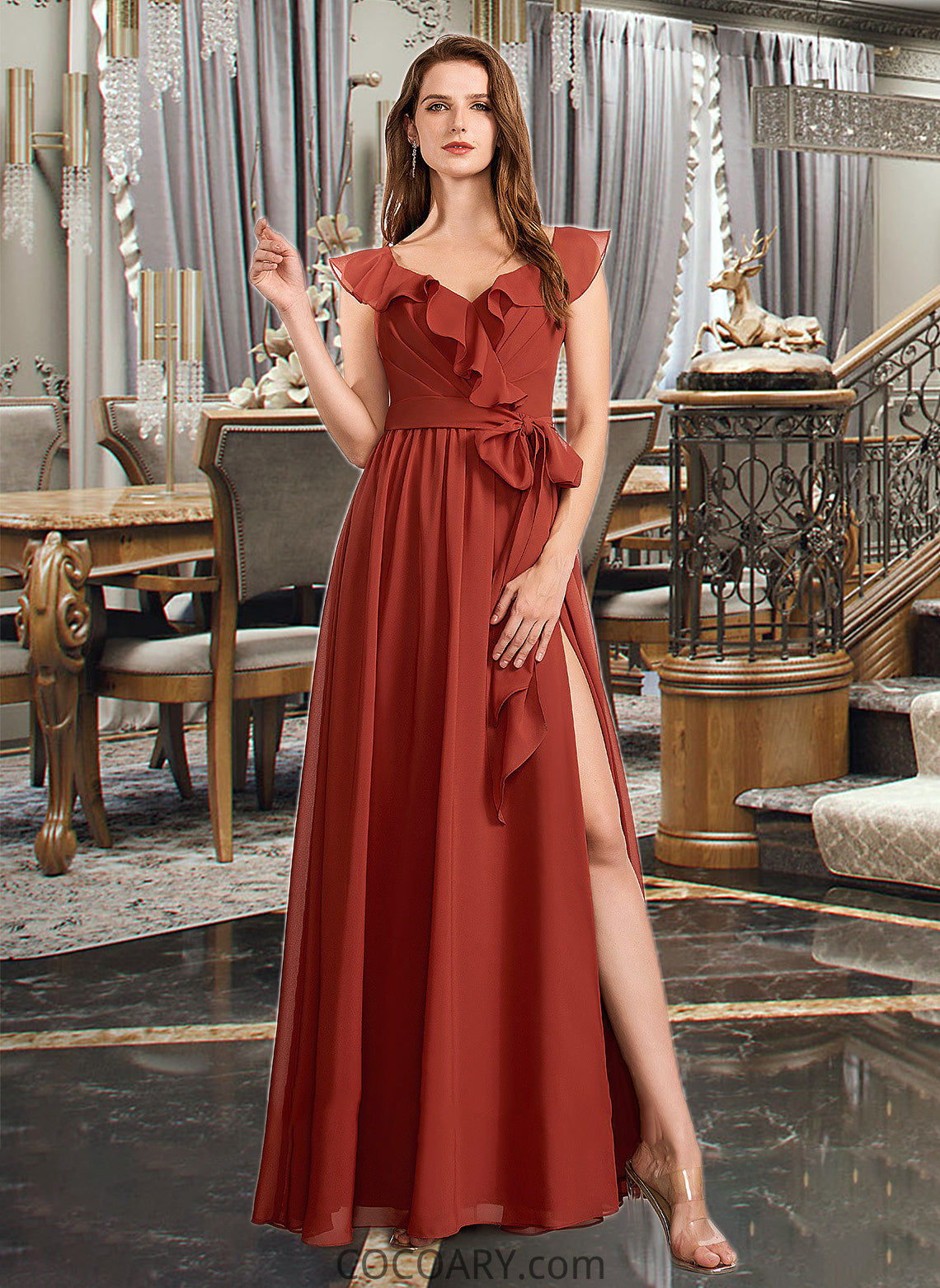 Lena A-Line V-neck Floor-Length Bridesmaid Dress With Ruffle DA8P0013221