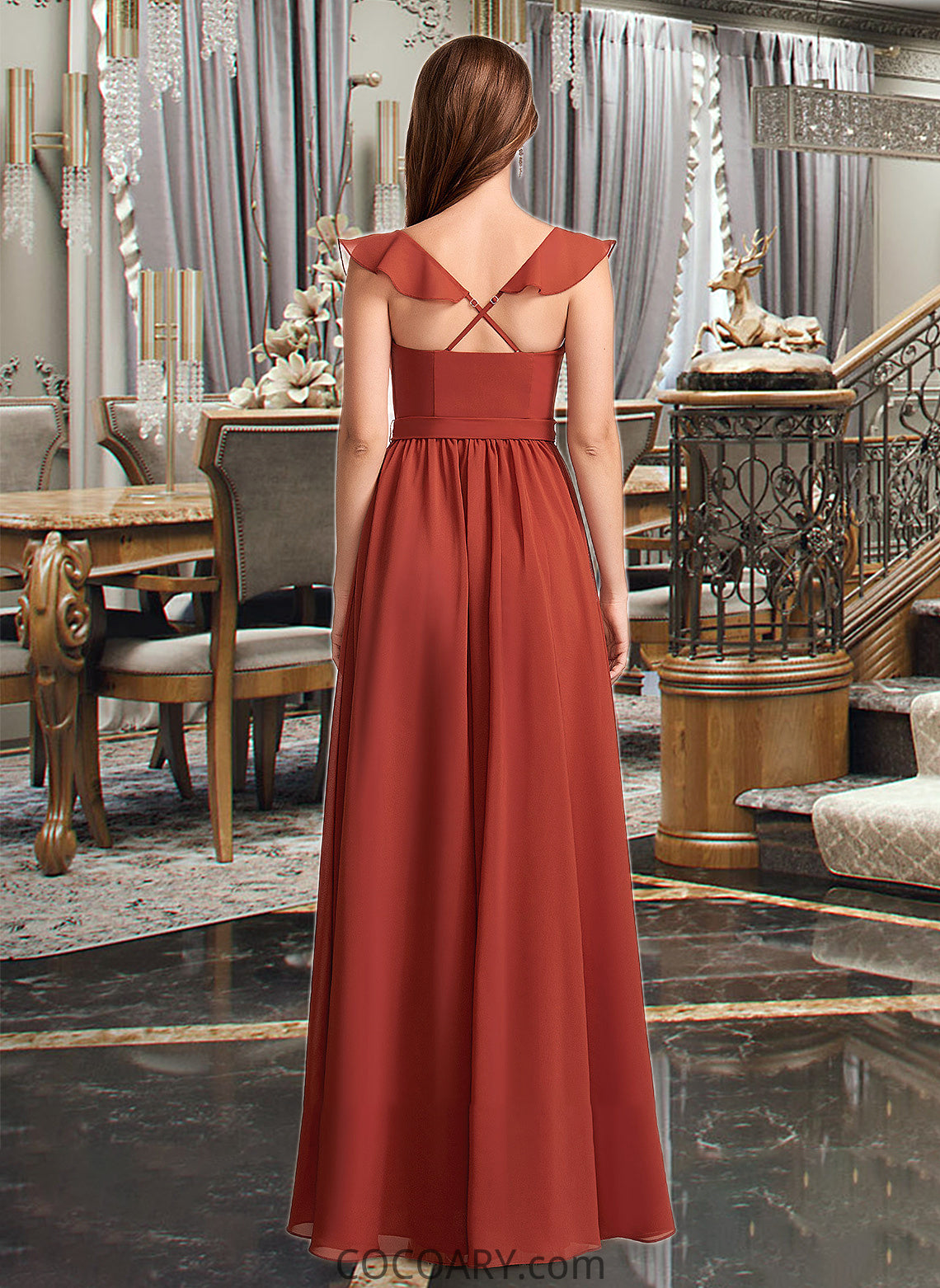 Lena A-Line V-neck Floor-Length Bridesmaid Dress With Ruffle DA8P0013221