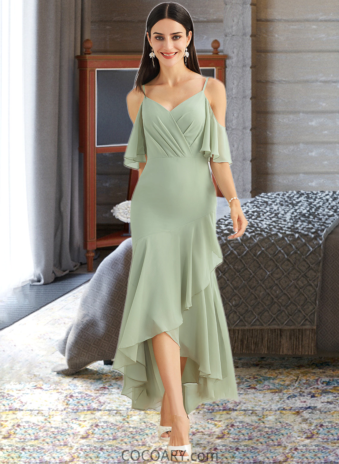 Rylie Trumpet/Mermaid V-neck Asymmetrical Bridesmaid Dress With Ruffle DA8P0013222