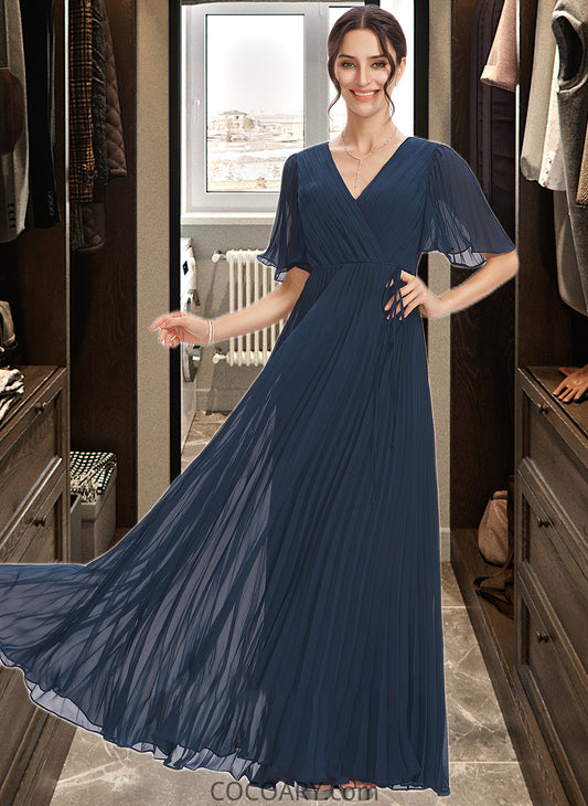 Sierra A-Line V-neck Floor-Length Bridesmaid Dress With Ruffle DA8P0013223