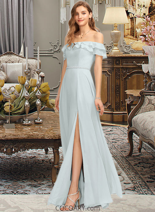 Meredith A-Line Off-the-Shoulder Floor-Length Chiffon Bridesmaid Dress With Beading Split Front Cascading Ruffles DA8P0013226