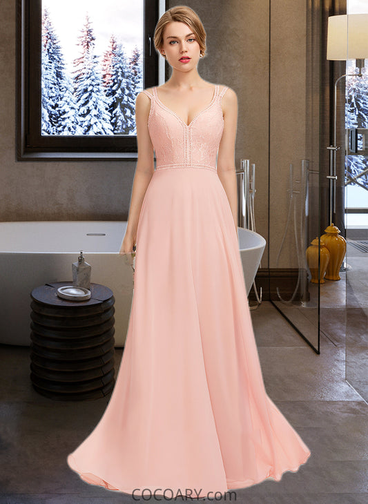 Milagros A-Line V-neck Floor-Length Chiffon Lace Bridesmaid Dress DA8P0013227