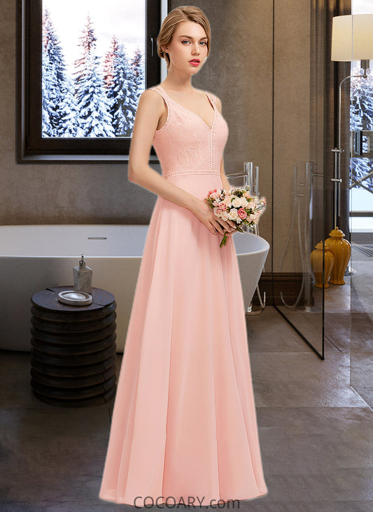 Milagros A-Line V-neck Floor-Length Chiffon Lace Bridesmaid Dress DA8P0013227