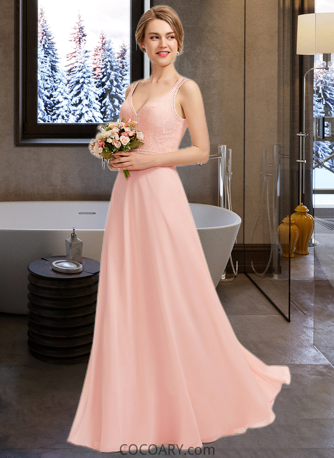 Milagros A-Line V-neck Floor-Length Chiffon Lace Bridesmaid Dress DA8P0013227