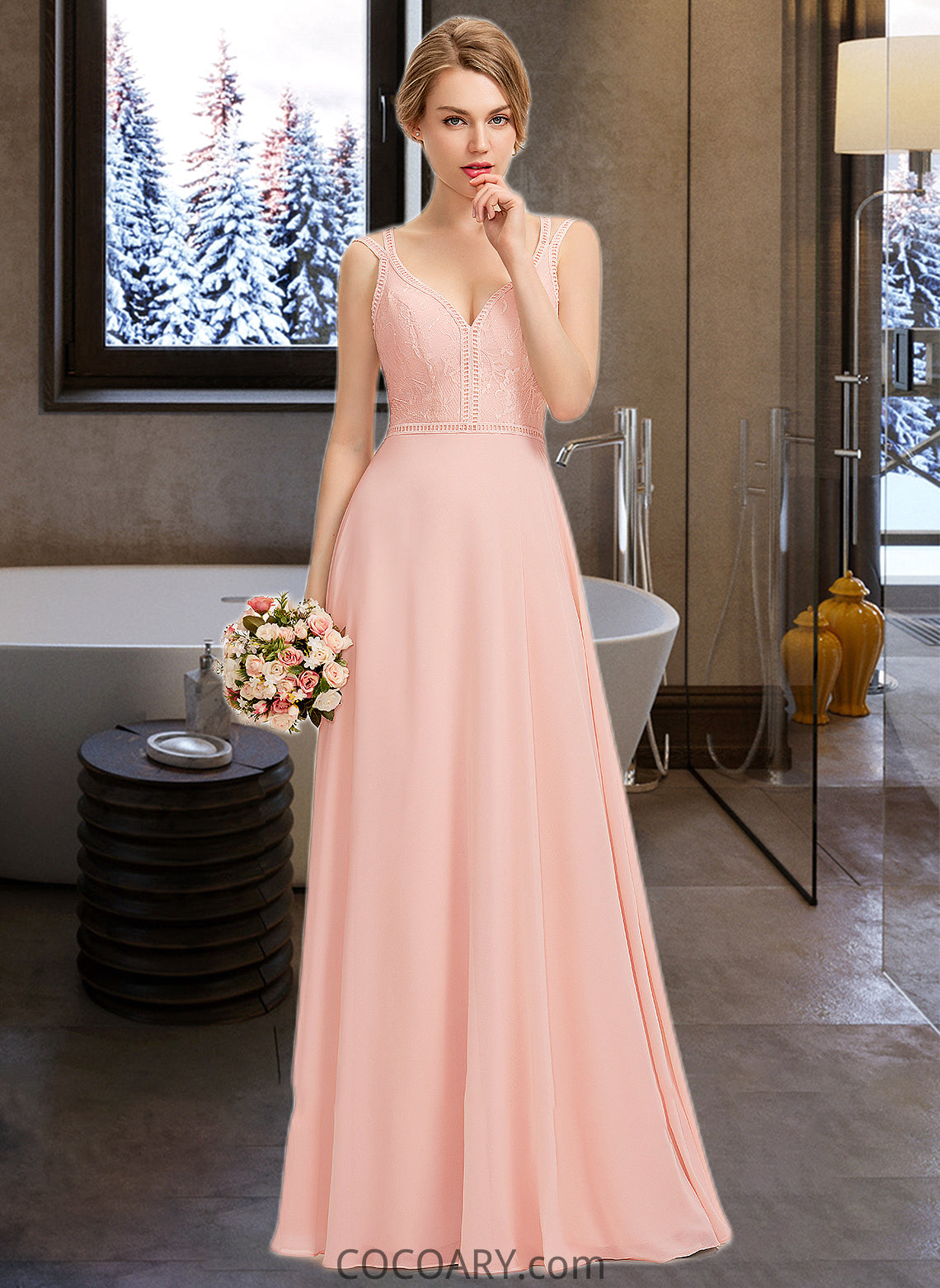 Milagros A-Line V-neck Floor-Length Chiffon Lace Bridesmaid Dress DA8P0013227