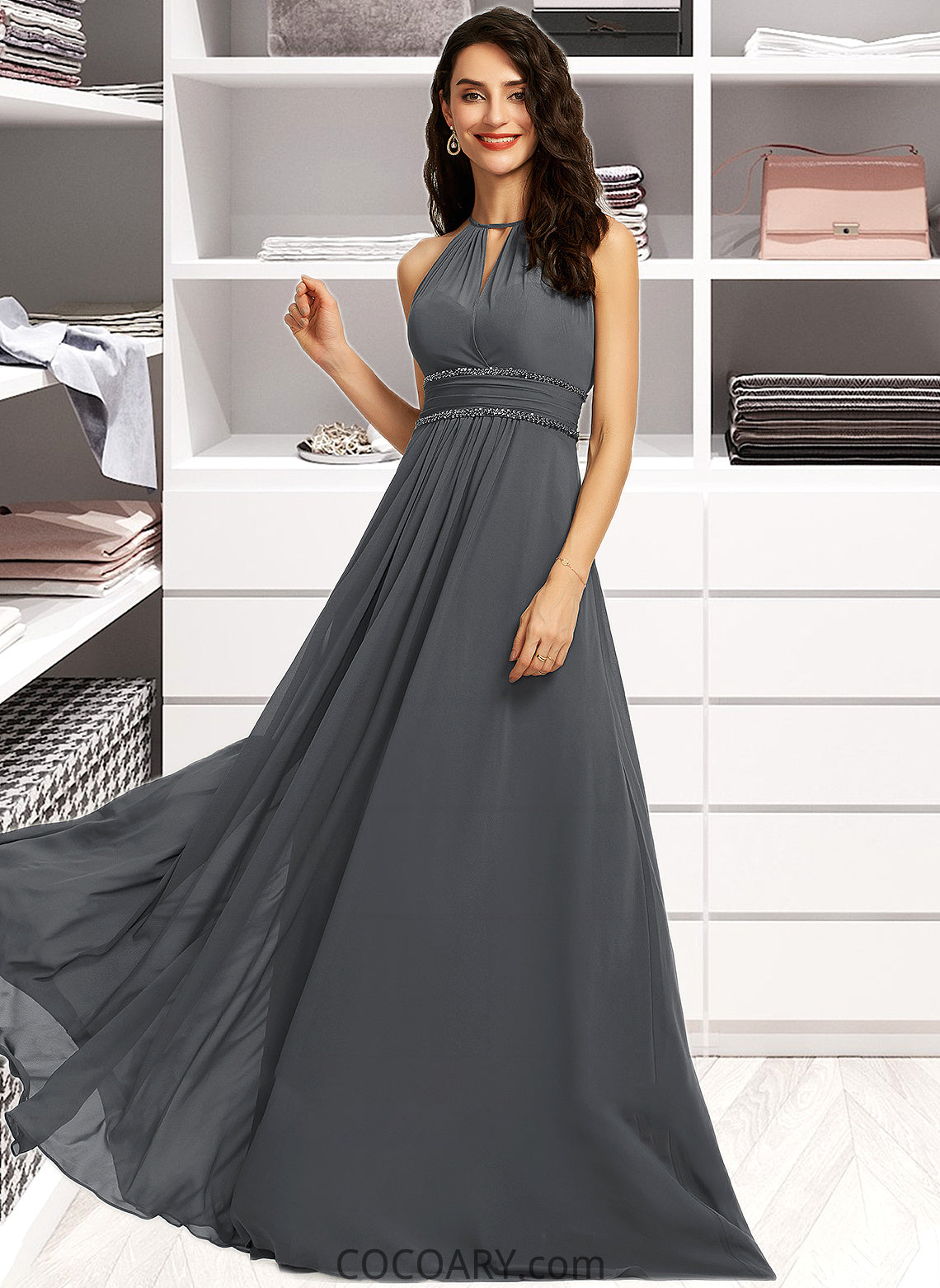 Karly A-Line Halter Floor-Length Chiffon Bridesmaid Dress With Ruffle Beading Sequins DA8P0013232