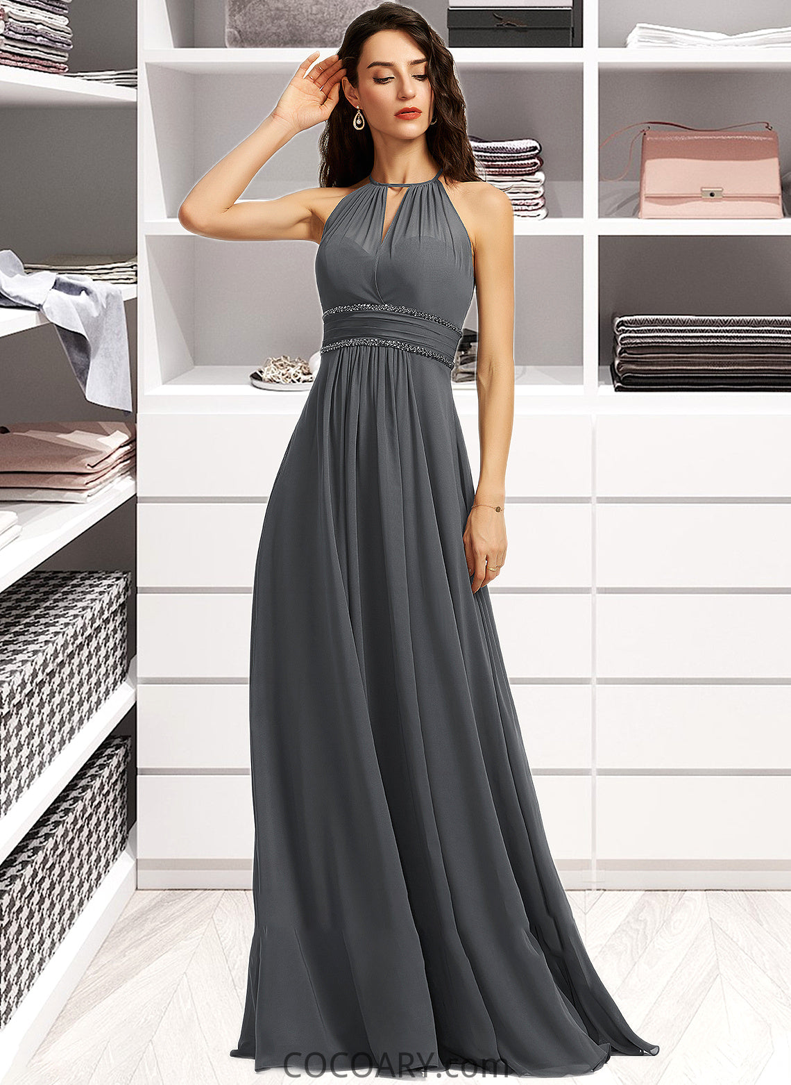 Karly A-Line Halter Floor-Length Chiffon Bridesmaid Dress With Ruffle Beading Sequins DA8P0013232