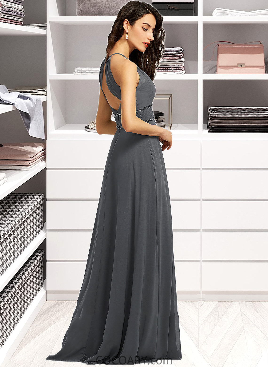 Karly A-Line Halter Floor-Length Chiffon Bridesmaid Dress With Ruffle Beading Sequins DA8P0013232