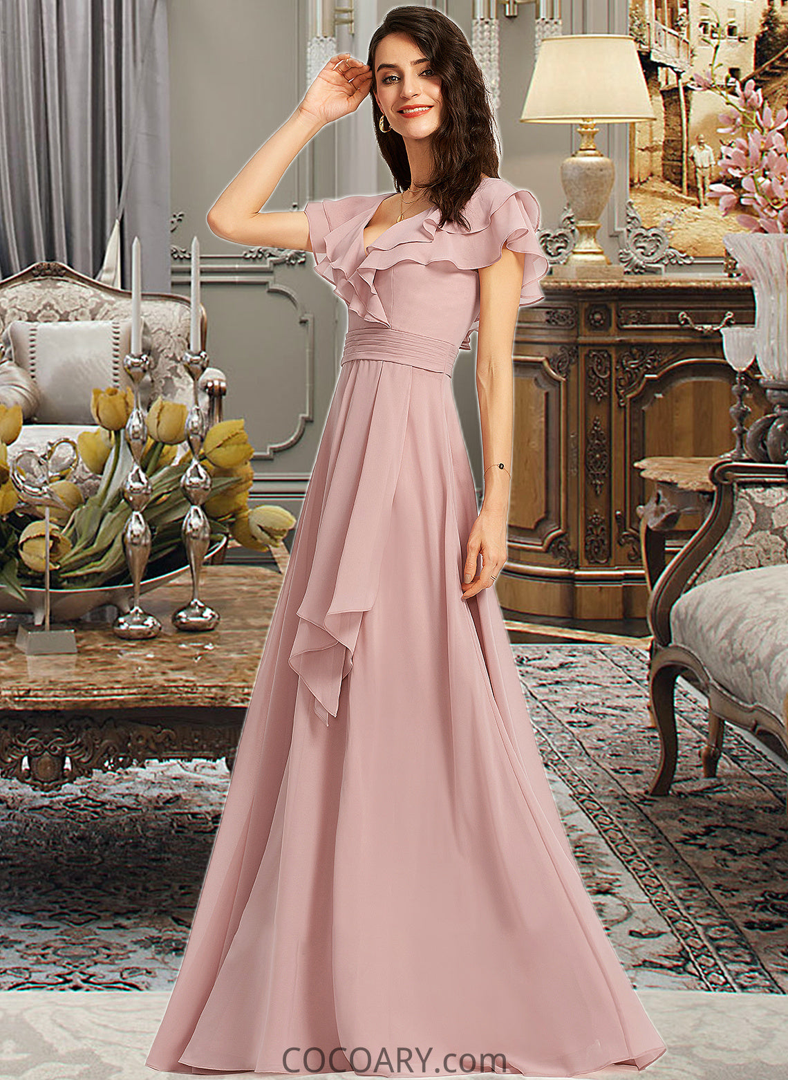 Lorelai A-Line V-neck Floor-Length Bridesmaid Dress With Ruffle Split Front DA8P0013234