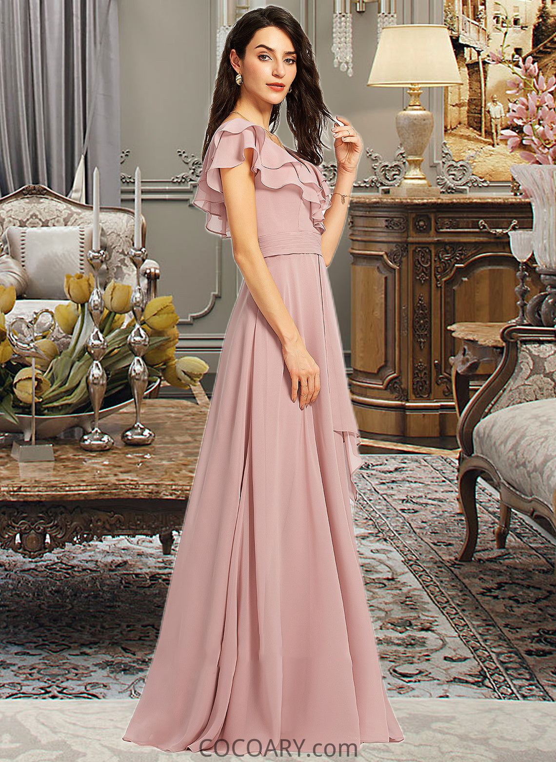 Lorelai A-Line V-neck Floor-Length Bridesmaid Dress With Ruffle Split Front DA8P0013234