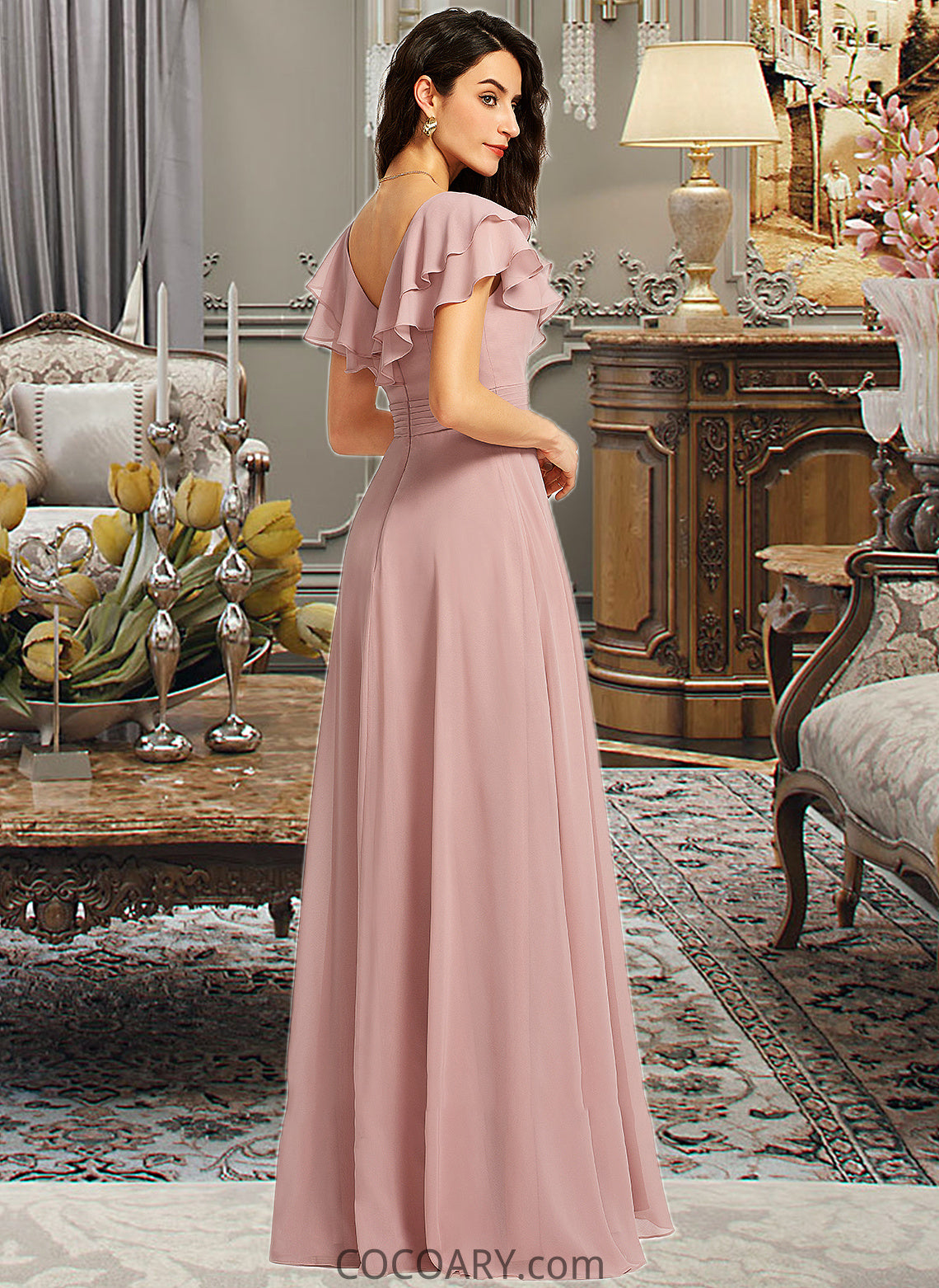 Lorelai A-Line V-neck Floor-Length Bridesmaid Dress With Ruffle Split Front DA8P0013234