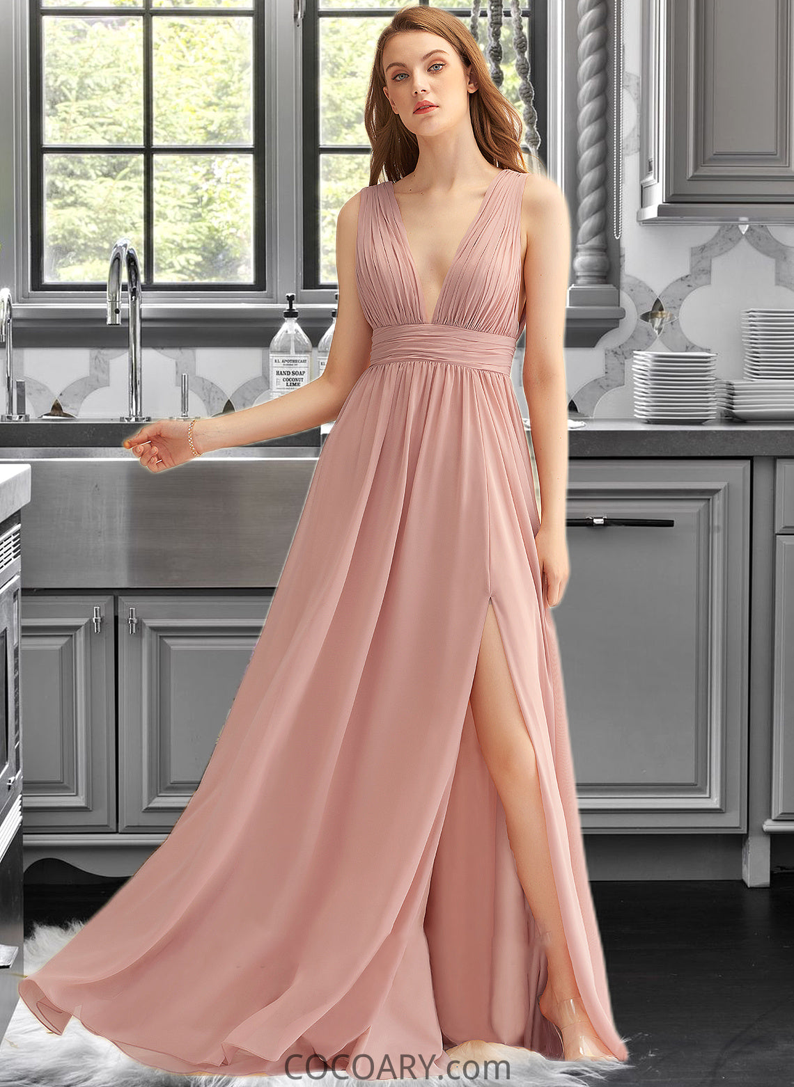 Yesenia A-LineV-neckFloor-LengthChiffonBridesmaidDressWithSplitFront#251361 DA8P0013235