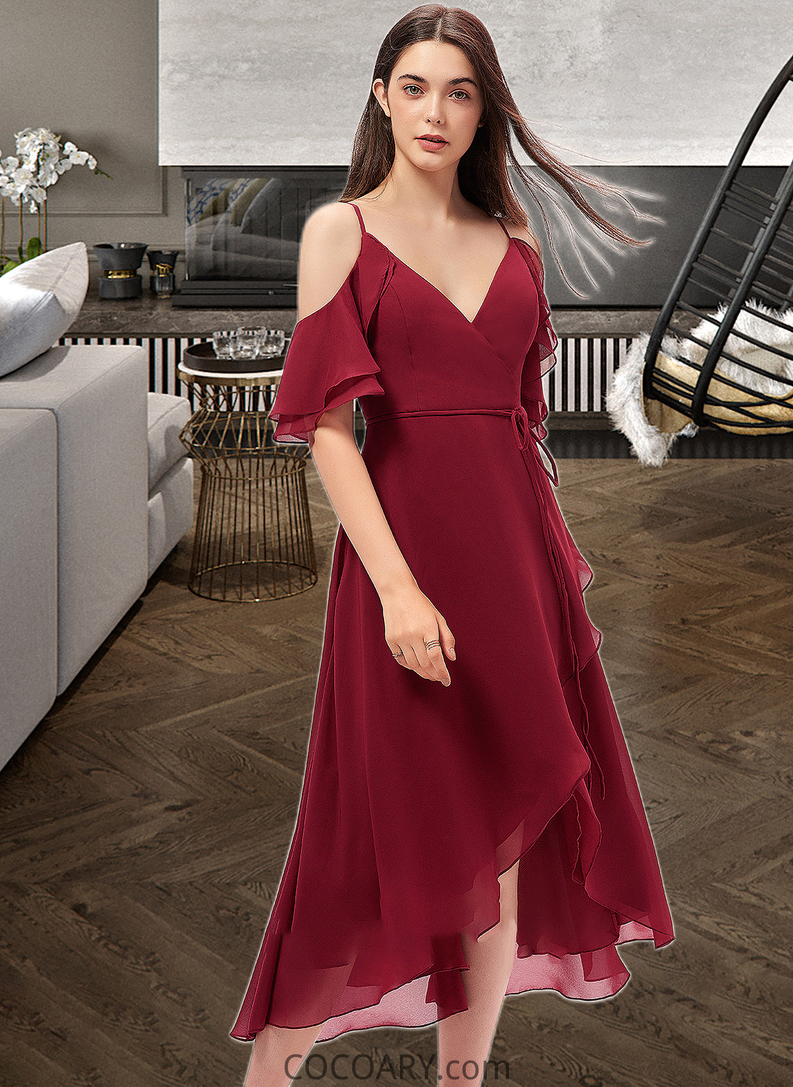 Jayden A-Line V-neck Asymmetrical Chiffon Bridesmaid Dress With Cascading Ruffles DA8P0013236