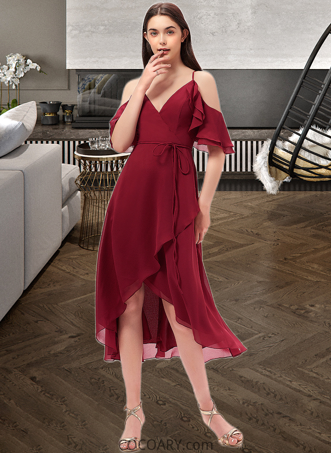 Jayden A-Line V-neck Asymmetrical Chiffon Bridesmaid Dress With Cascading Ruffles DA8P0013236