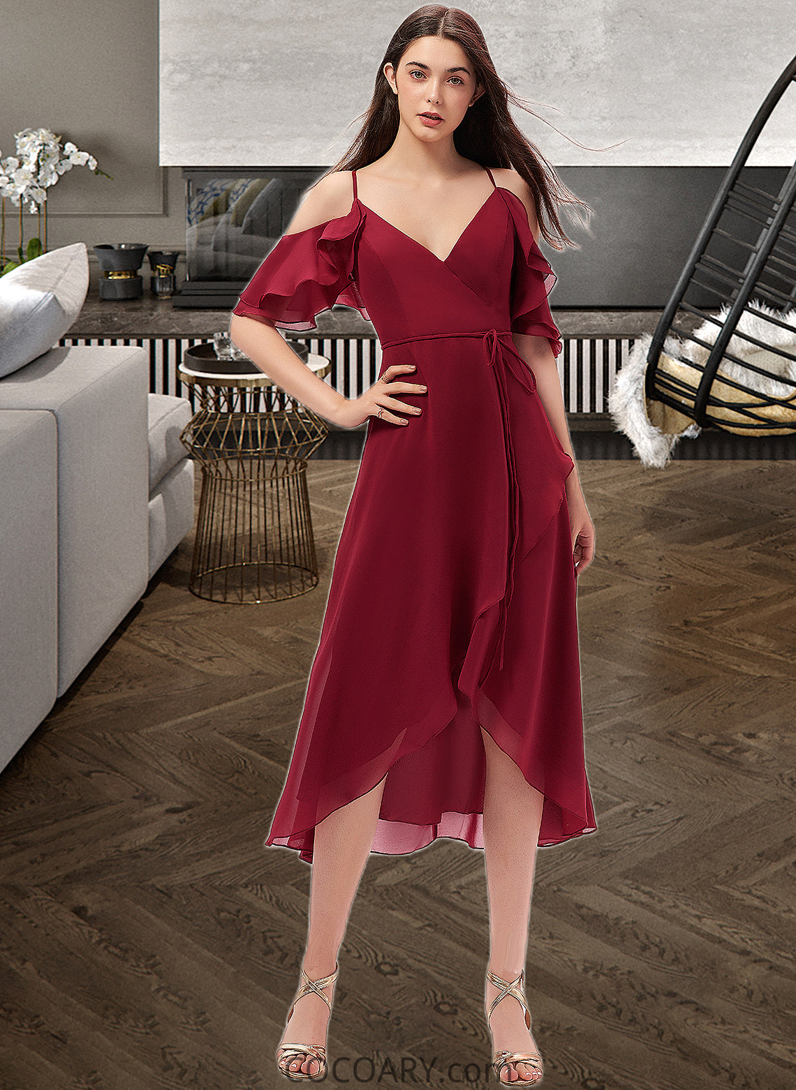 Jayden A-Line V-neck Asymmetrical Chiffon Bridesmaid Dress With Cascading Ruffles DA8P0013236