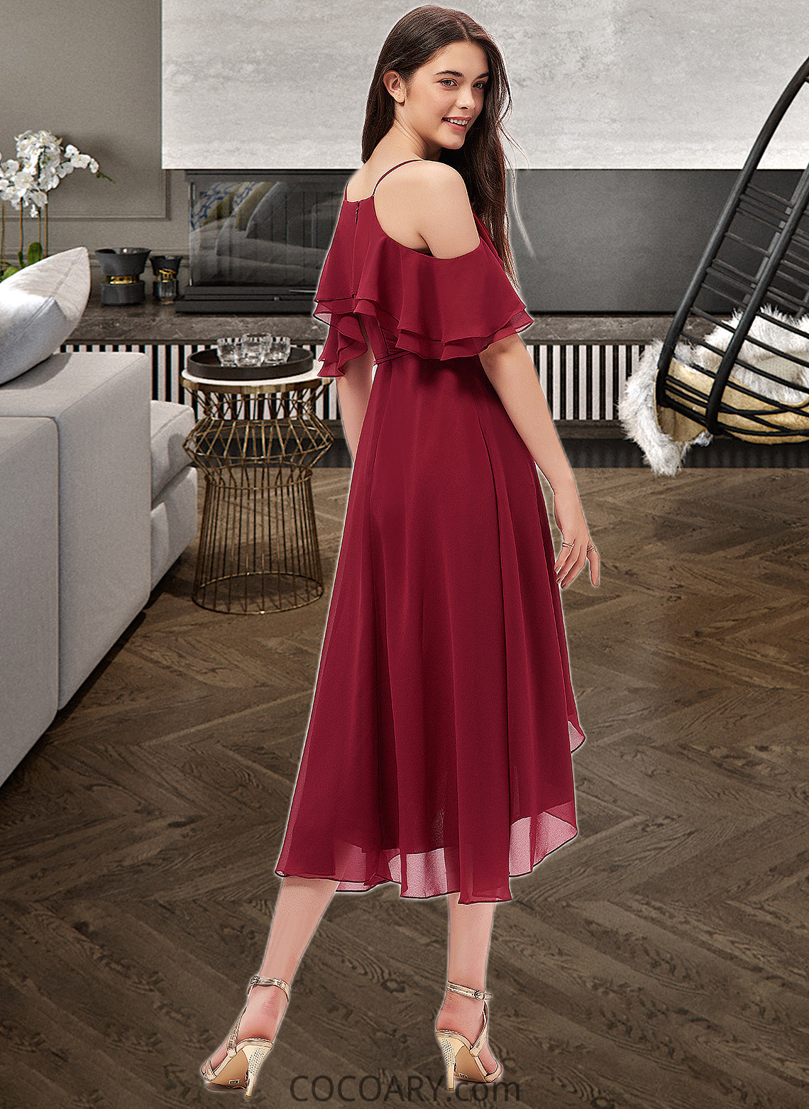 Jayden A-Line V-neck Asymmetrical Chiffon Bridesmaid Dress With Cascading Ruffles DA8P0013236