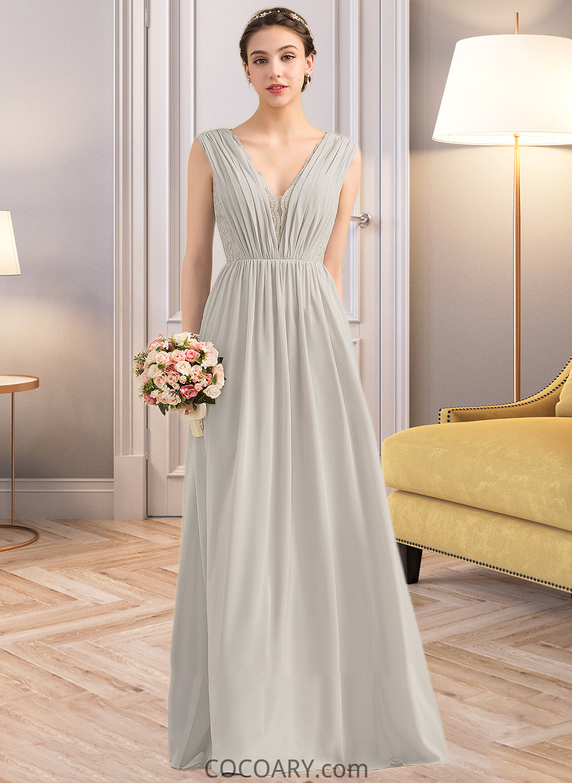 Kailee A-Line V-neck Floor-Length Chiffon Lace Bridesmaid Dress With Ruffle DA8P0013238