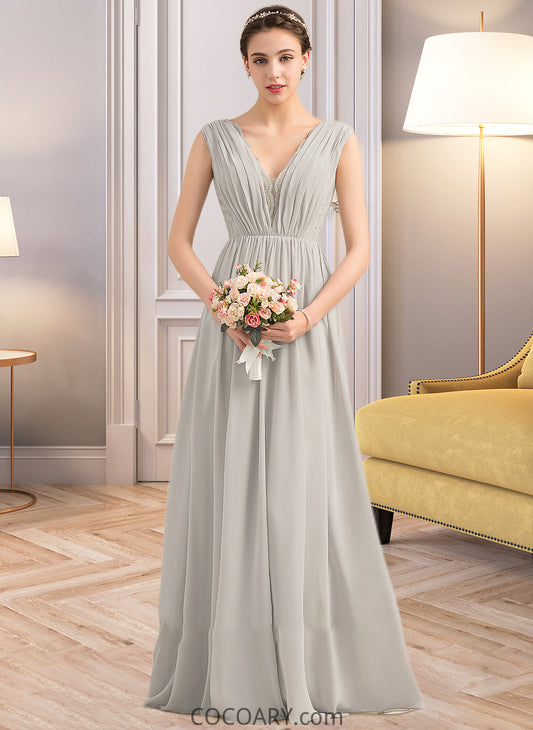 Kailee A-Line V-neck Floor-Length Chiffon Lace Bridesmaid Dress With Ruffle DA8P0013238