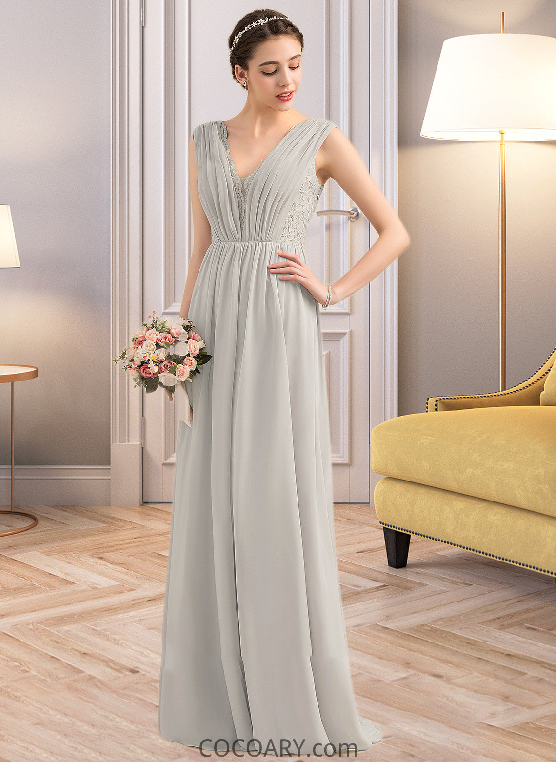 Kailee A-Line V-neck Floor-Length Chiffon Lace Bridesmaid Dress With Ruffle DA8P0013238