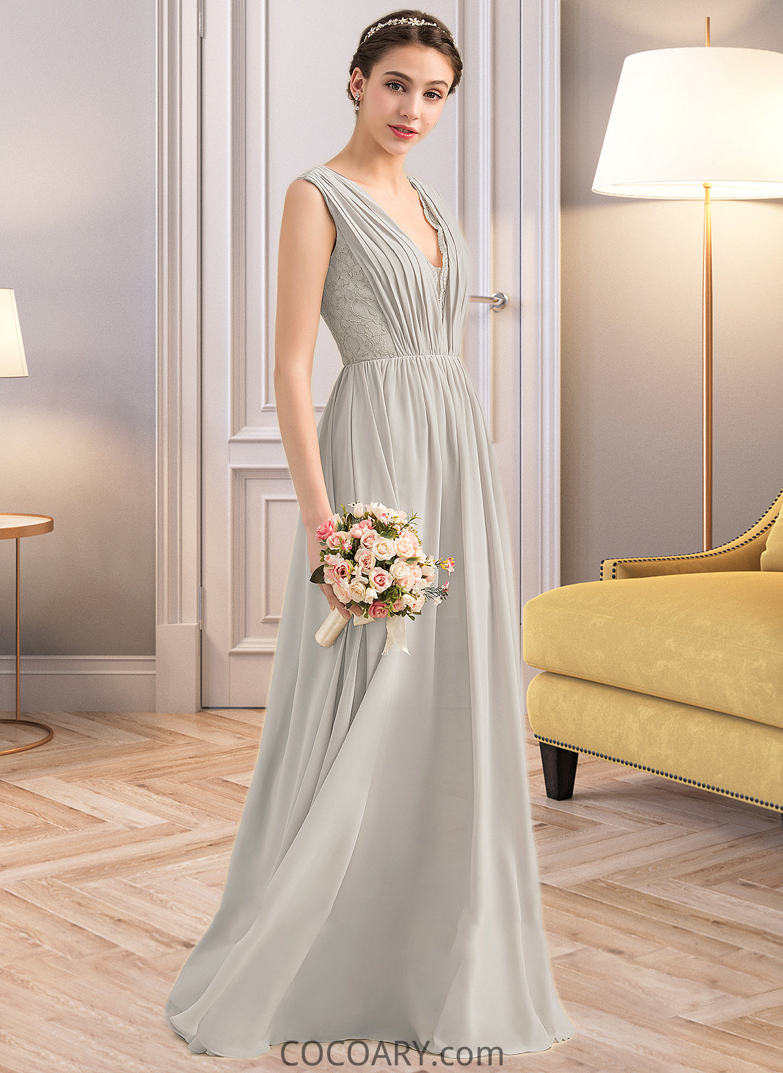 Kailee A-Line V-neck Floor-Length Chiffon Lace Bridesmaid Dress With Ruffle DA8P0013238