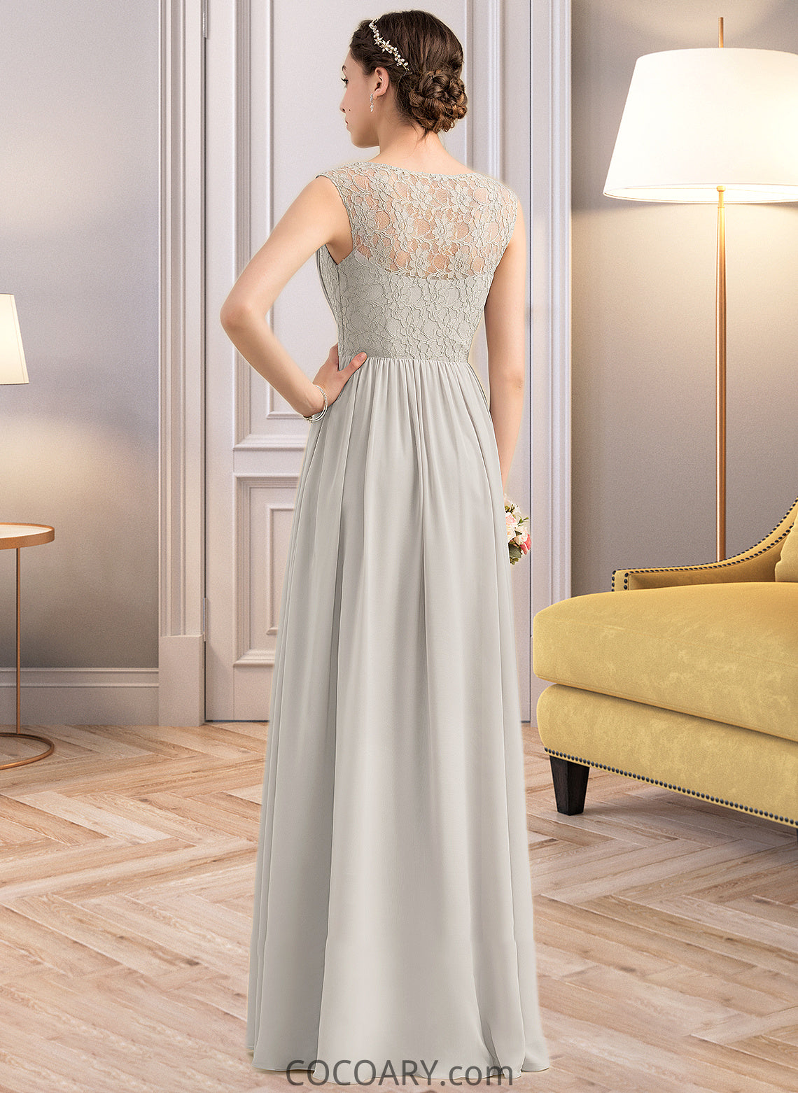 Kailee A-Line V-neck Floor-Length Chiffon Lace Bridesmaid Dress With Ruffle DA8P0013238