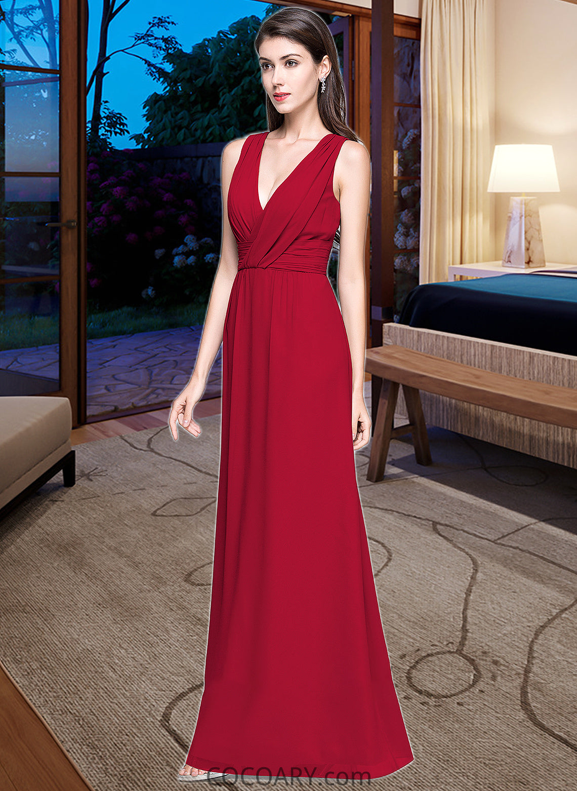 Laura A-line V-Neck Floor-Length Chiffon Bridesmaid Dress With Ruffle DA8P0013240