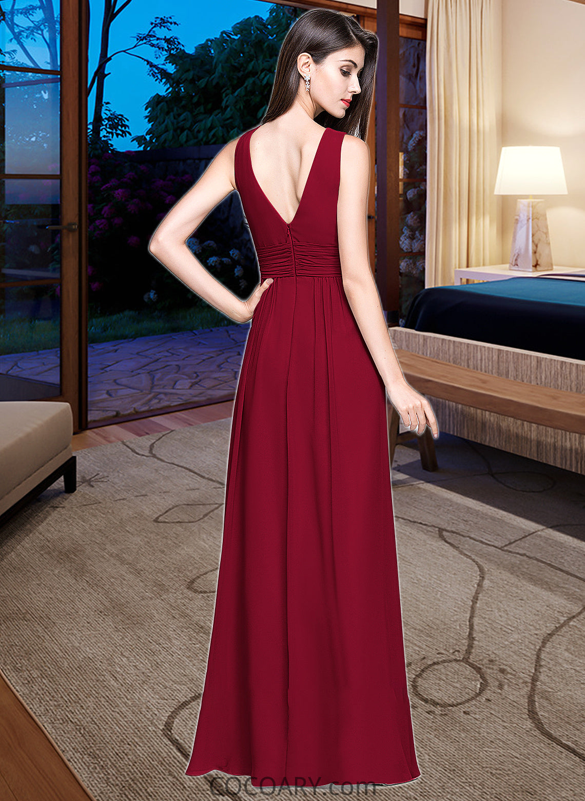 Laura A-line V-Neck Floor-Length Chiffon Bridesmaid Dress With Ruffle DA8P0013240