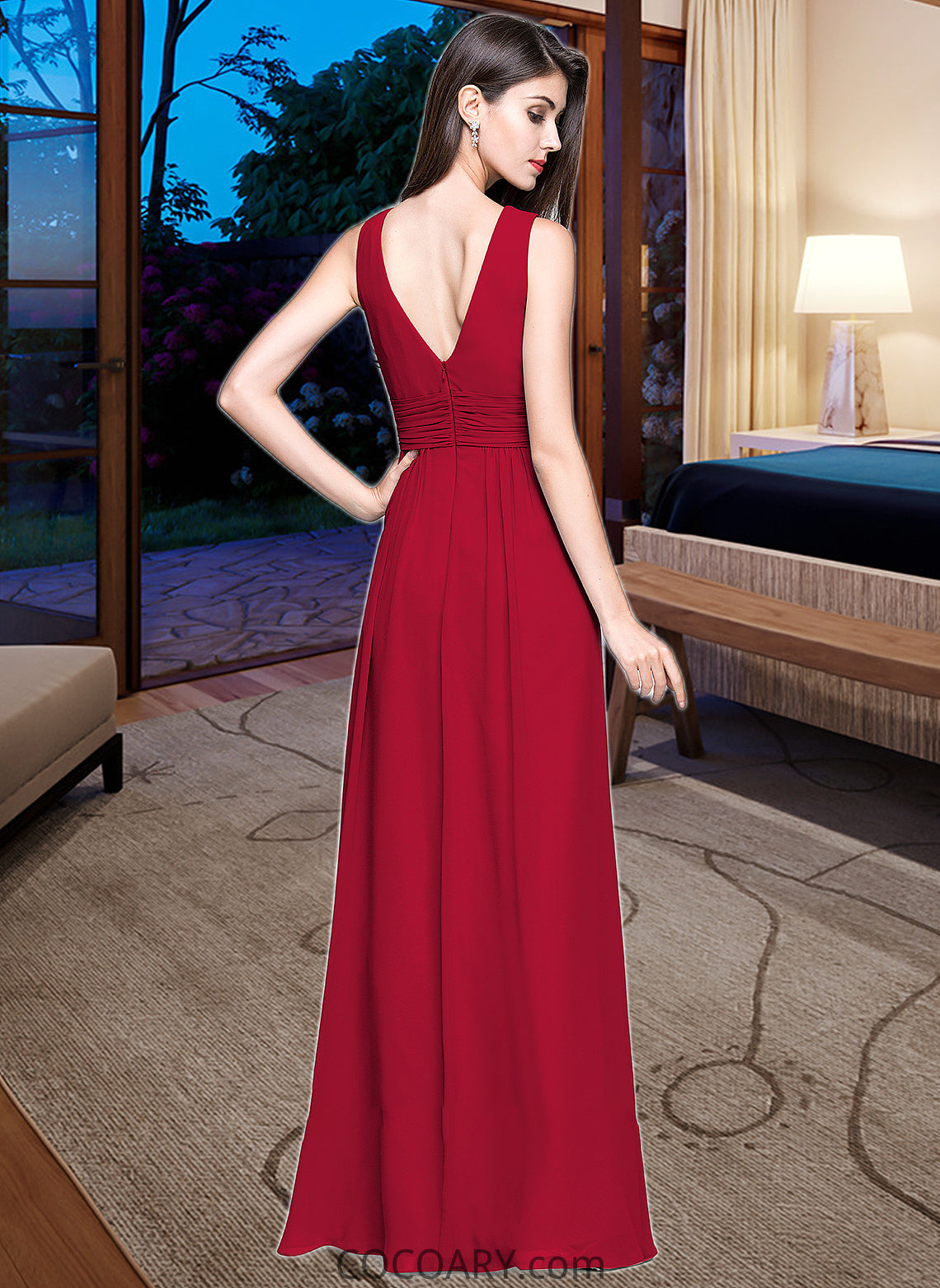 Laura A-line V-Neck Floor-Length Chiffon Bridesmaid Dress With Ruffle DA8P0013240