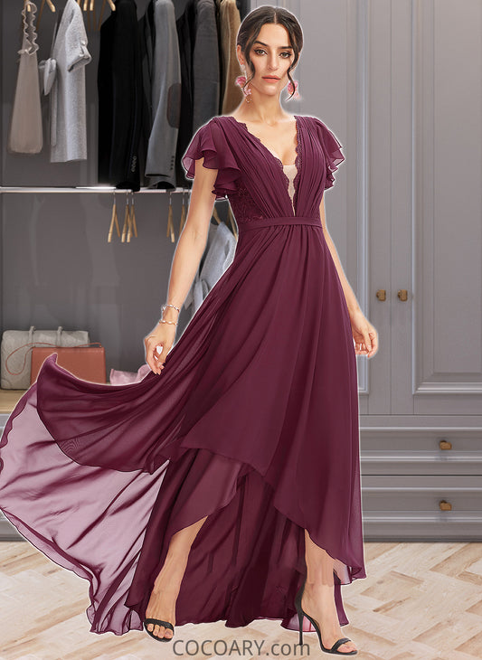 Chasity A-Line V-neck Asymmetrical Bridesmaid Dress With Lace Cascading Ruffles DA8P0013243