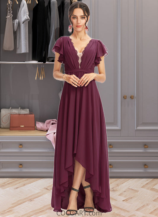 Chasity A-Line V-neck Asymmetrical Bridesmaid Dress With Lace Cascading Ruffles DA8P0013243