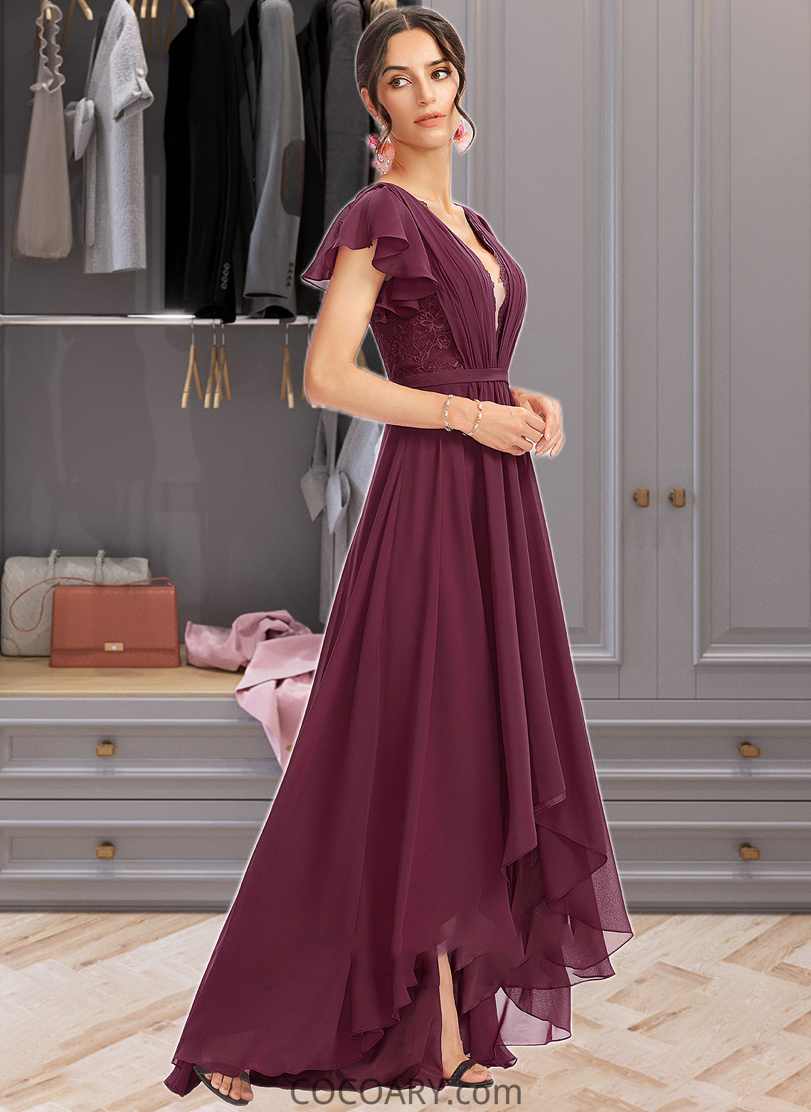 Chasity A-Line V-neck Asymmetrical Bridesmaid Dress With Lace Cascading Ruffles DA8P0013243