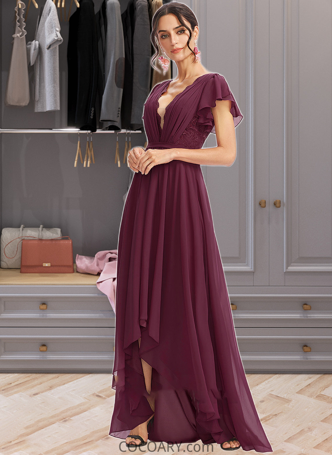 Chasity A-Line V-neck Asymmetrical Bridesmaid Dress With Lace Cascading Ruffles DA8P0013243