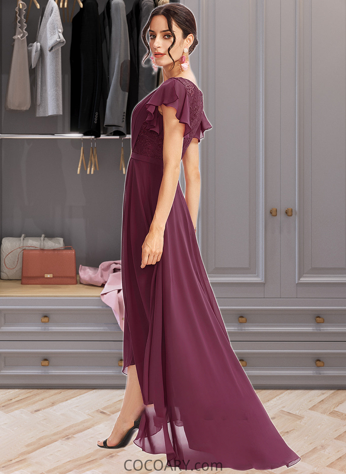 Chasity A-Line V-neck Asymmetrical Bridesmaid Dress With Lace Cascading Ruffles DA8P0013243