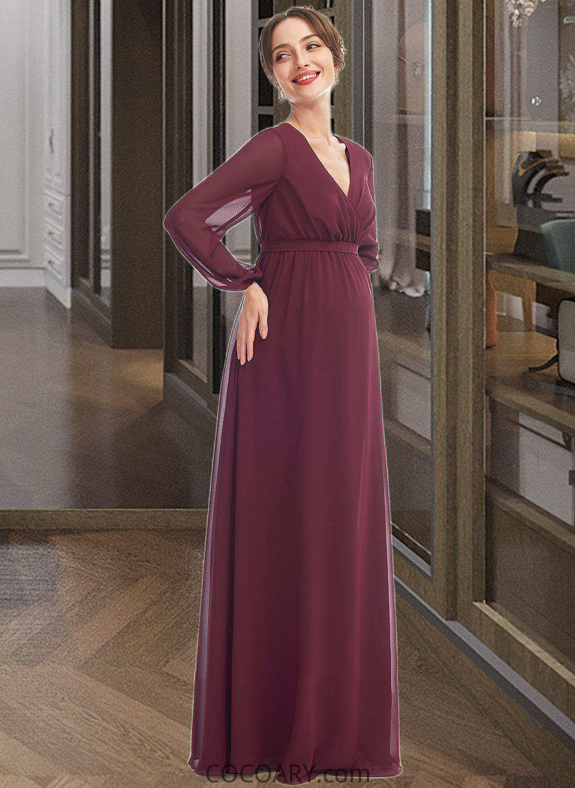 Gretchen A-Line V-neck Floor-Length Bridesmaid Dress With Split Front DA8P0013244